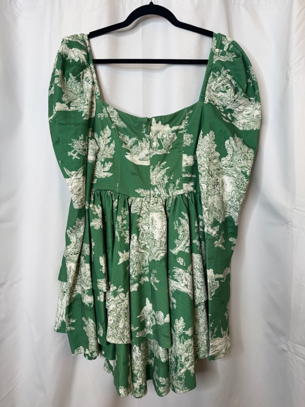 Selkie Green and Cream Long Sleeve Puff-Sleeve Mini Dress - Picture 6 of 8